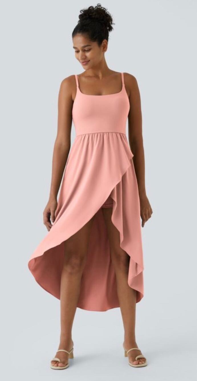 Halara Everyday High Low Wrap Midi Dress Blossom Pink Built-In Bra Pockets L